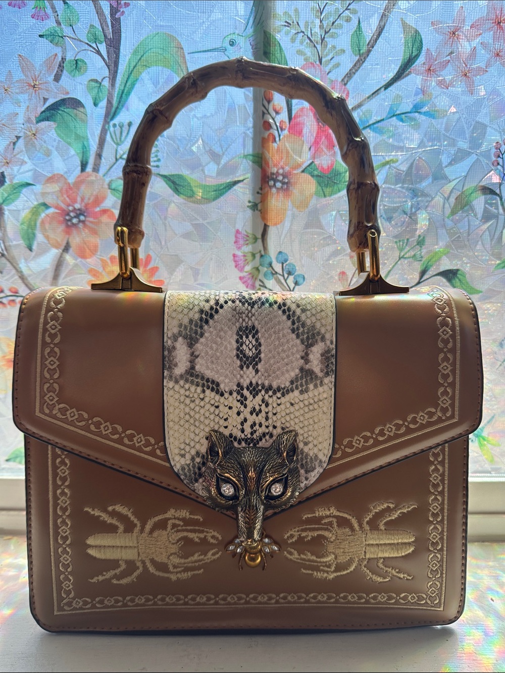 Statement Bamboo Handle Satchel Beetle Clasp Embroidered Bag Snake Luxe Boutique